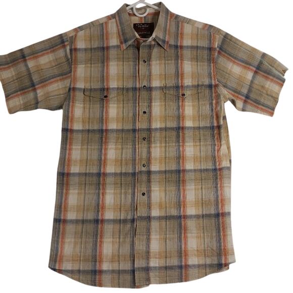 Vtg Walls Ranch Wear Western Shirt L Tan/Orange Plaid Pearl Snap Short Sleeve - Picture 2 of 15